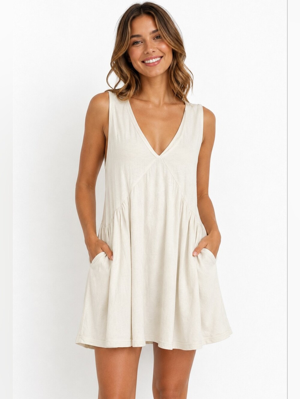 Lavender J Oversized Boho Babydoll Tunic Dress Cream W/Pockets Size S New